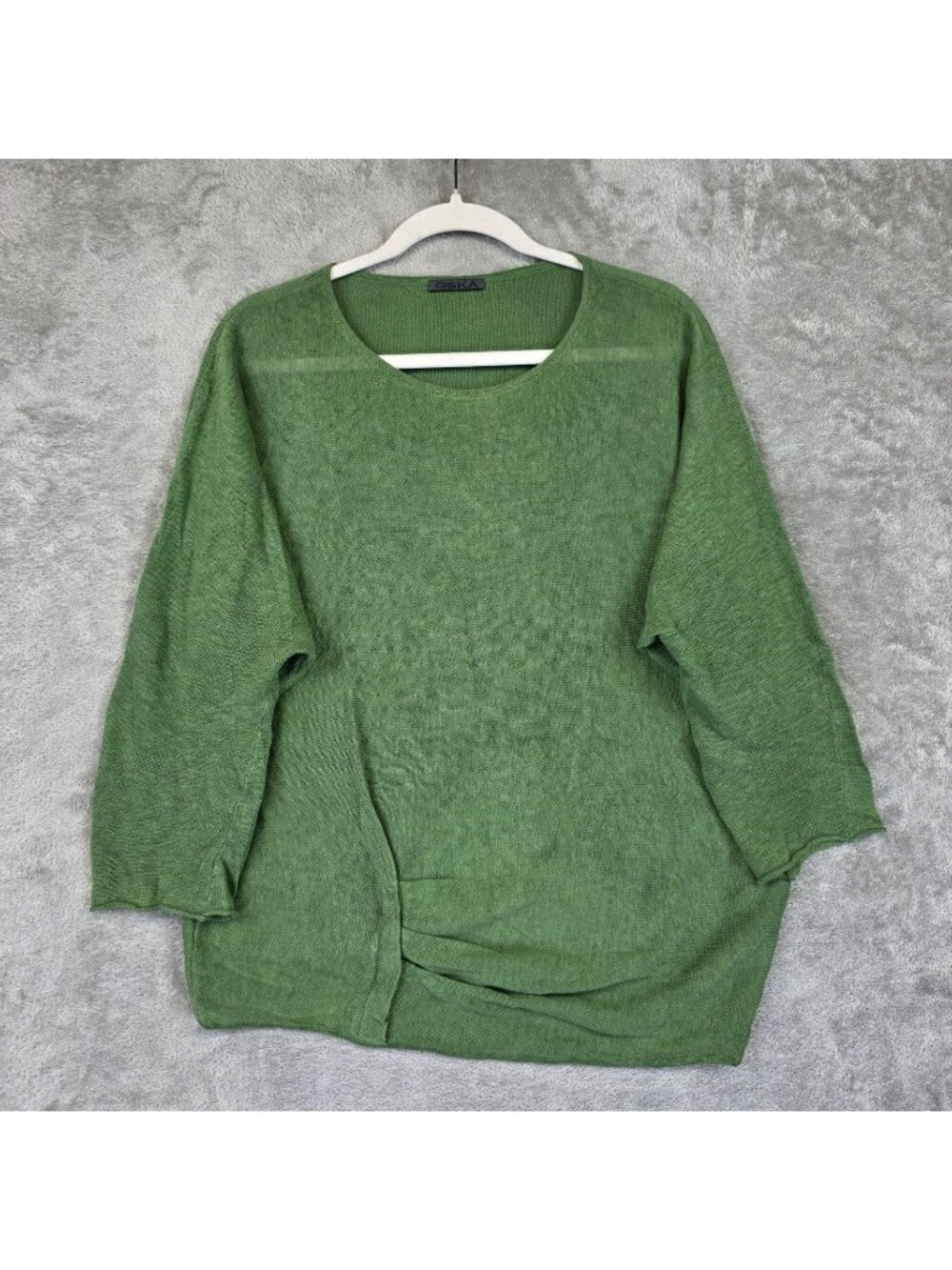 OSKA Sweater Tunic Womens 2 Green 100% Linen Crew Neck Dolman Knit 3/4 Sleeve